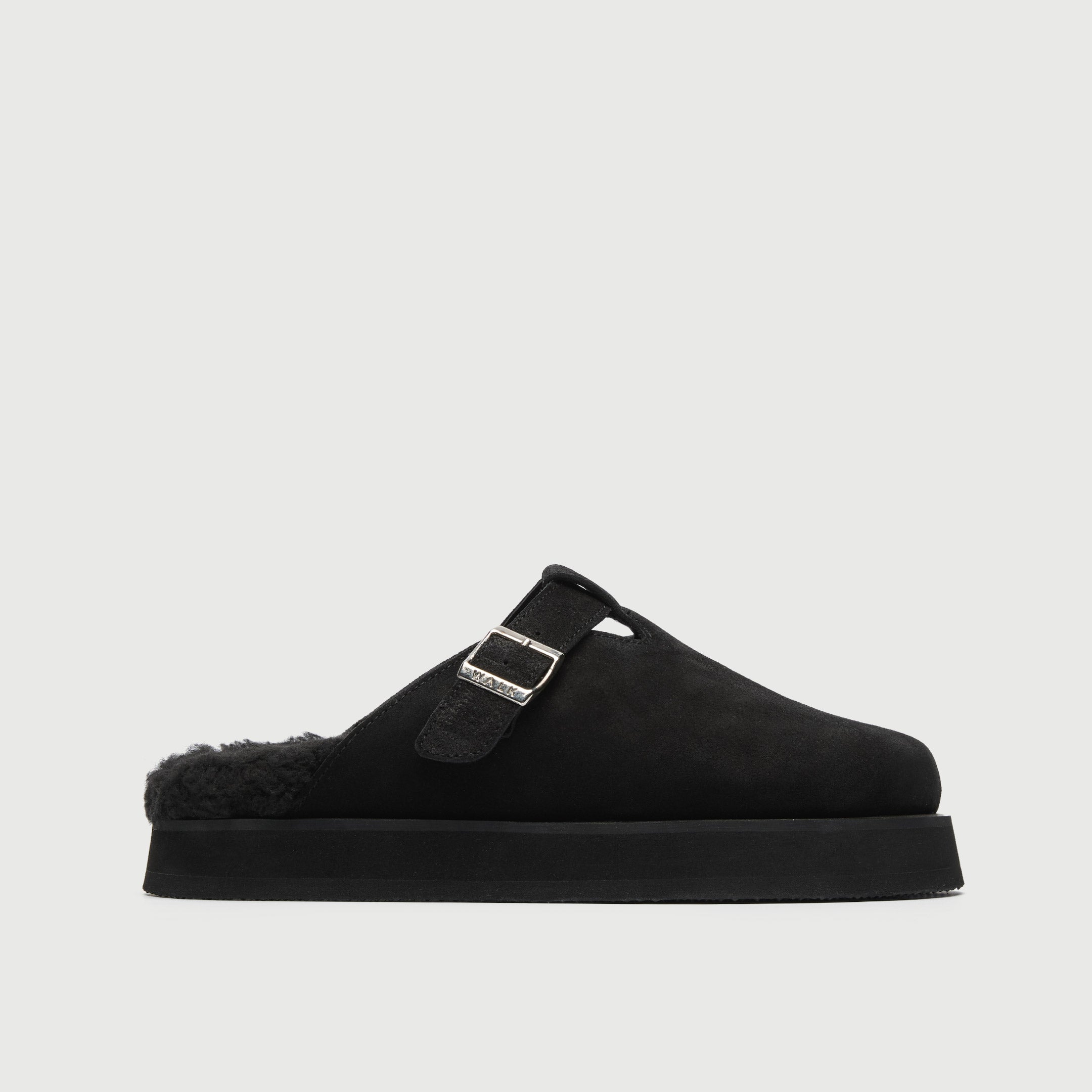 Walk London Women's Barca Fur Clog in Black Suede