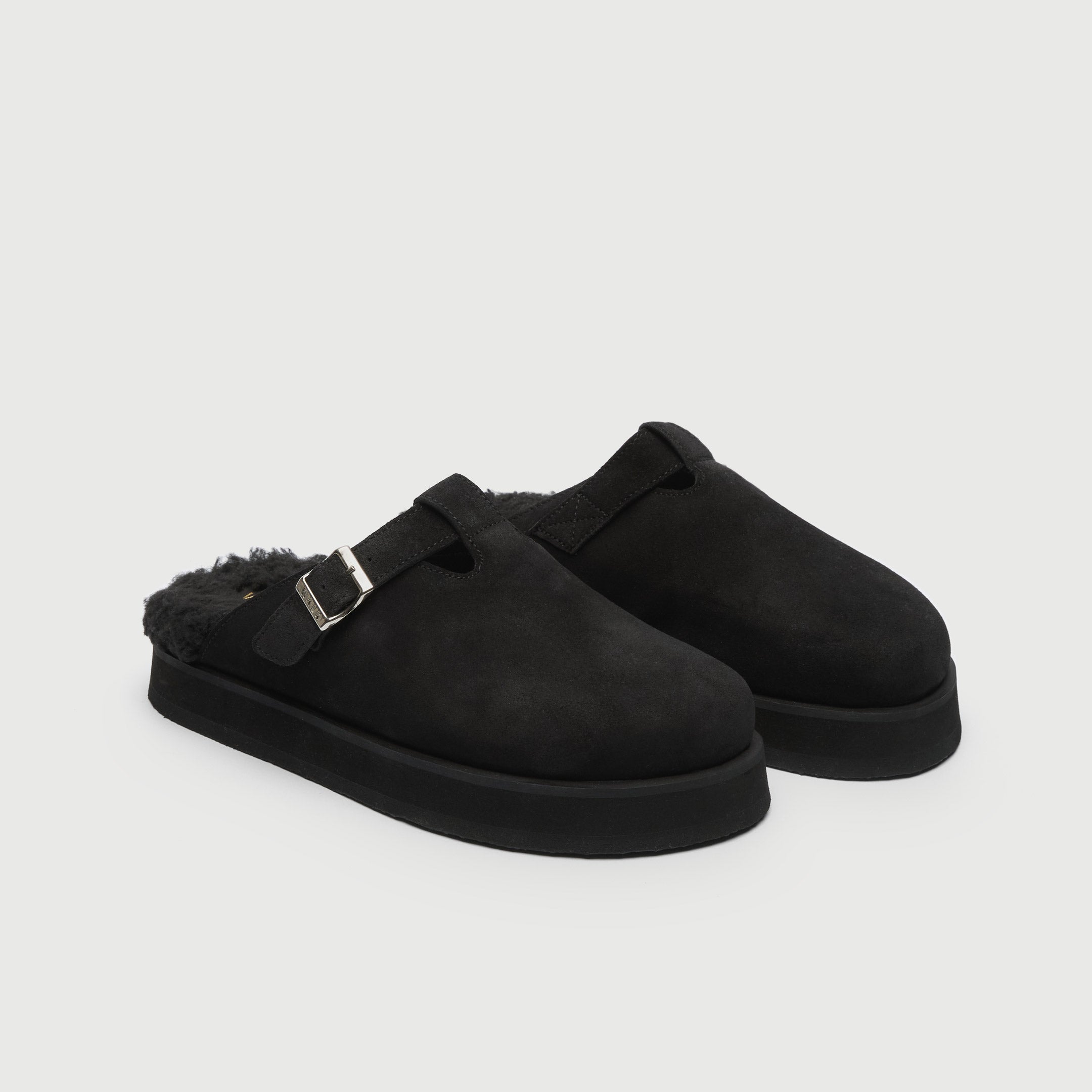 Walk London Women's Barca Fur Clog in Black Suede