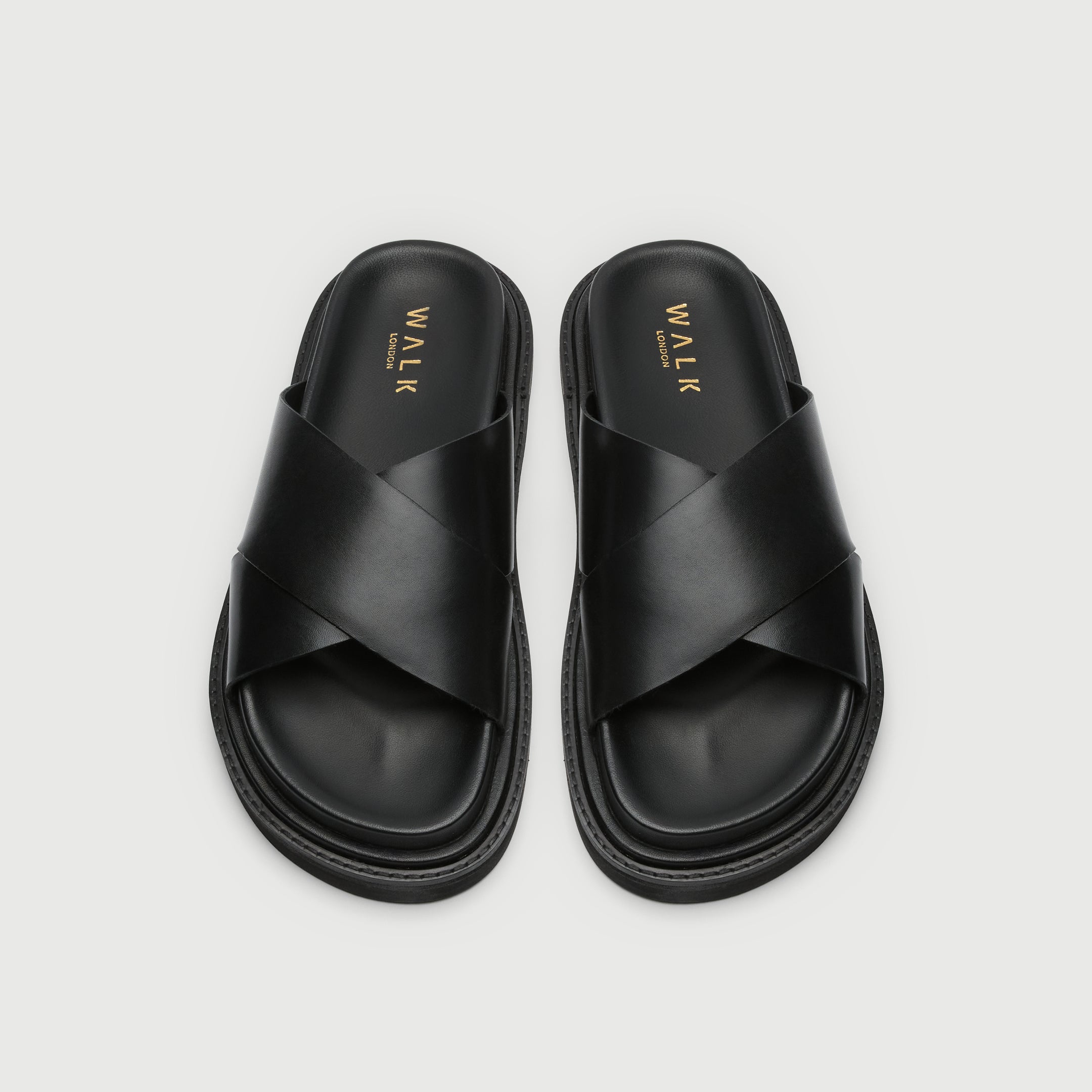 Walk London Mens Ezra Cross Strap Sandal in Black Leather