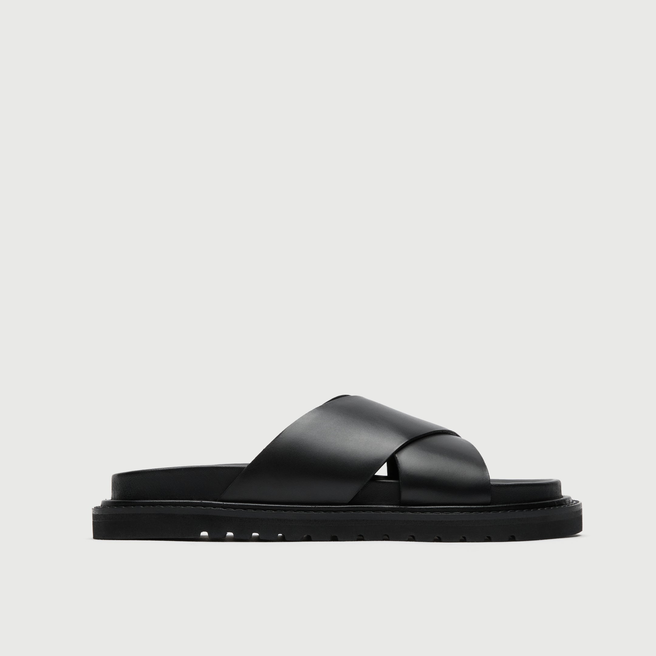 Walk London Mens Ezra Cross Strap Sandal in Black Leather