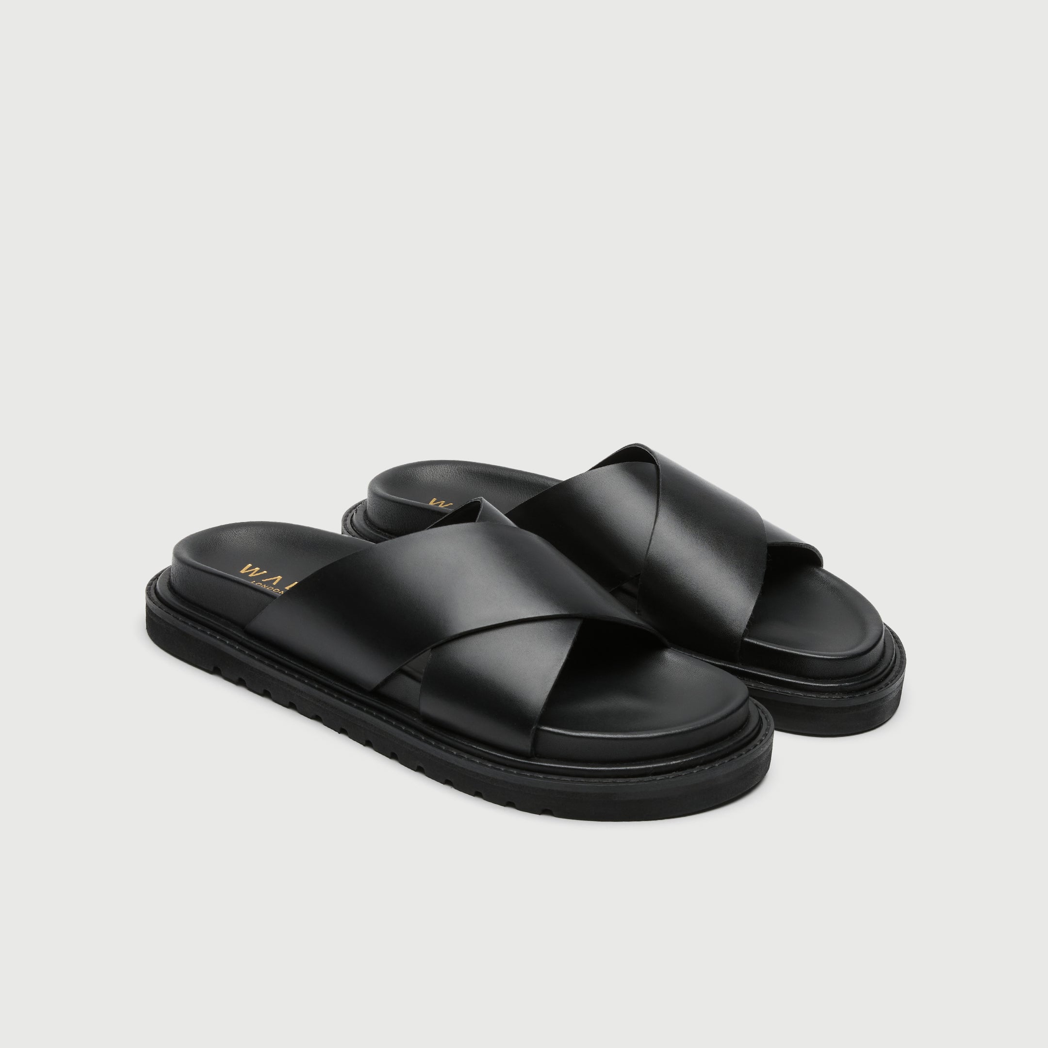 Walk London Mens Ezra Cross Strap Sandal in Black Leather