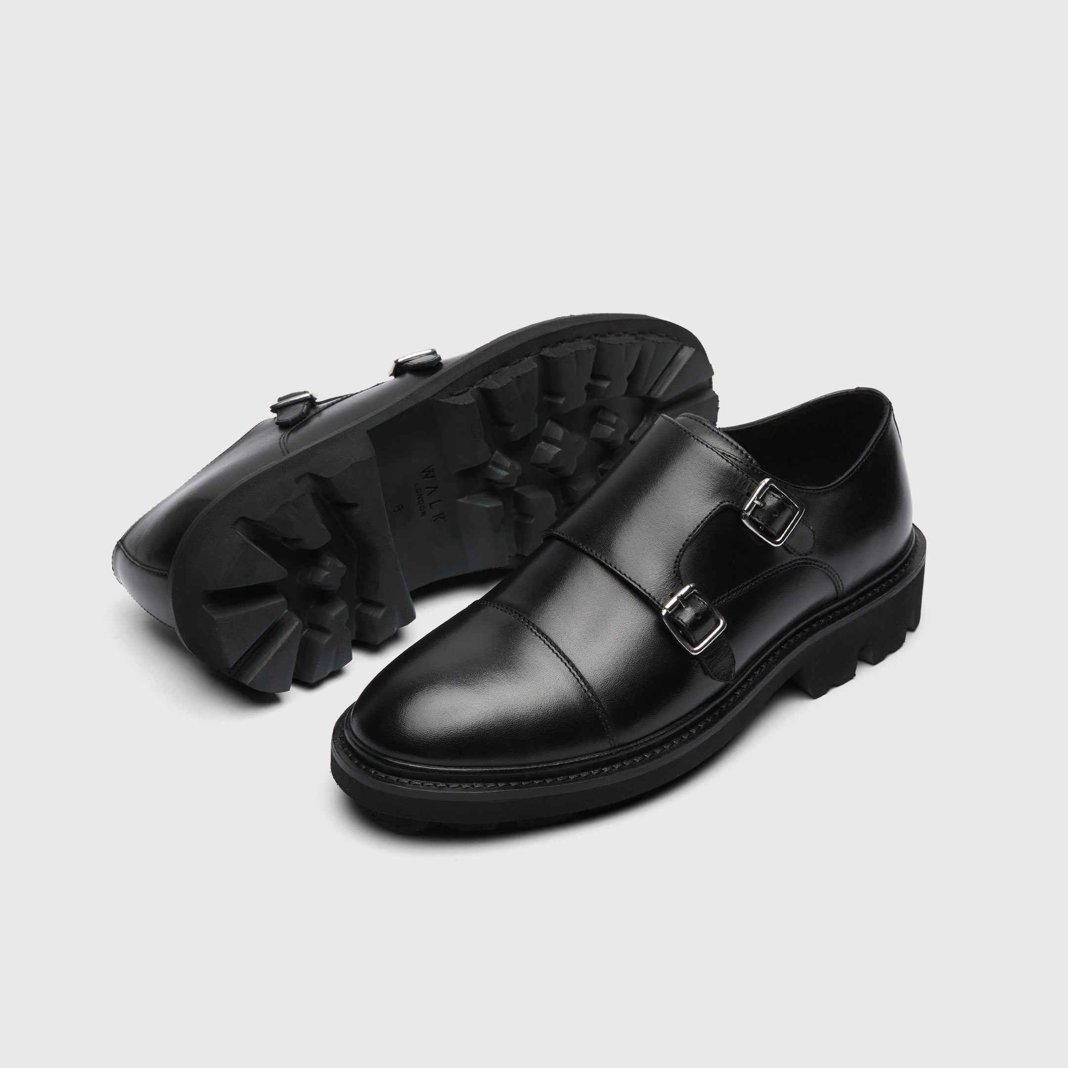 WALK London Mens Felix Monk Strap in Black Leather