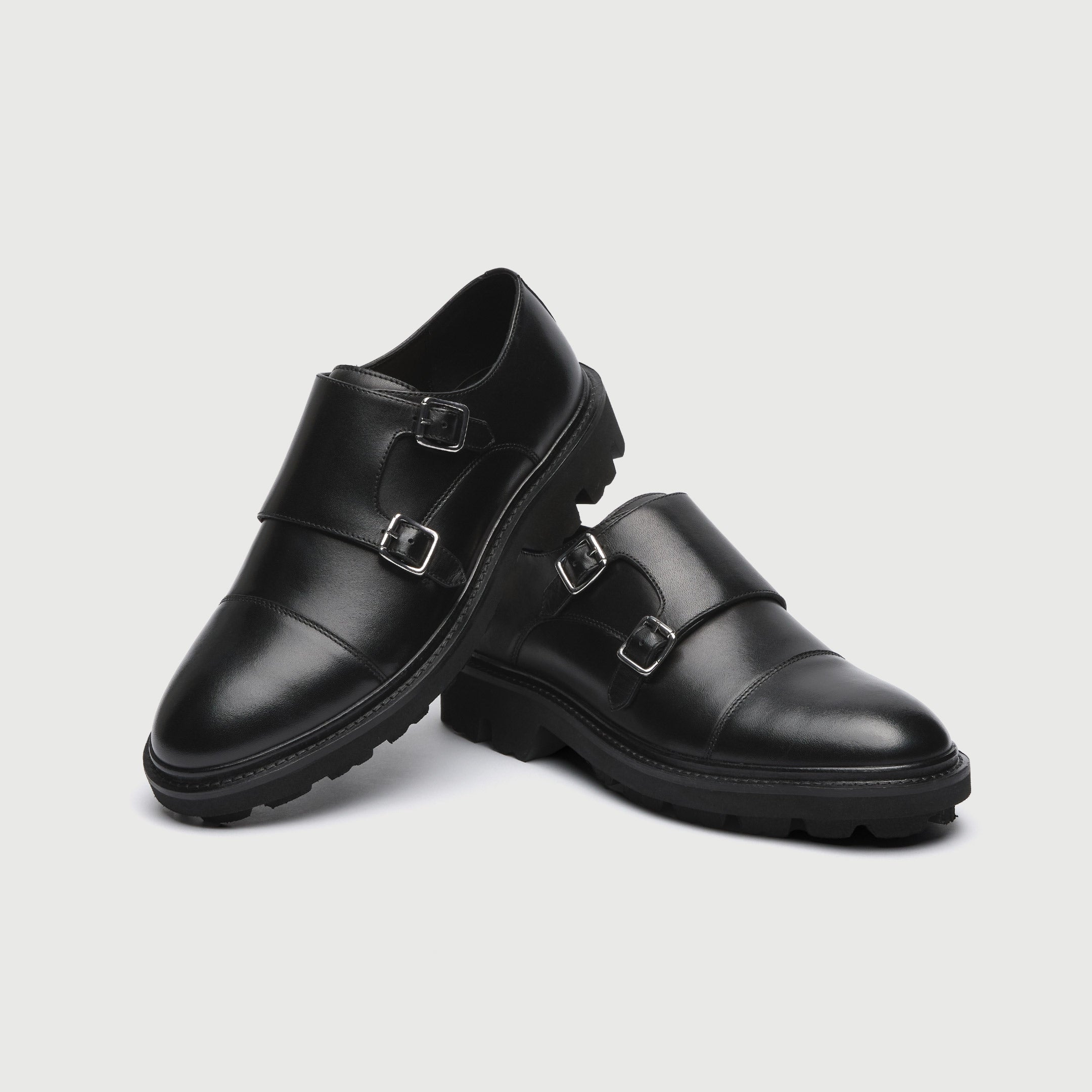 WALK London Mens Felix Monk Strap in Black Leather