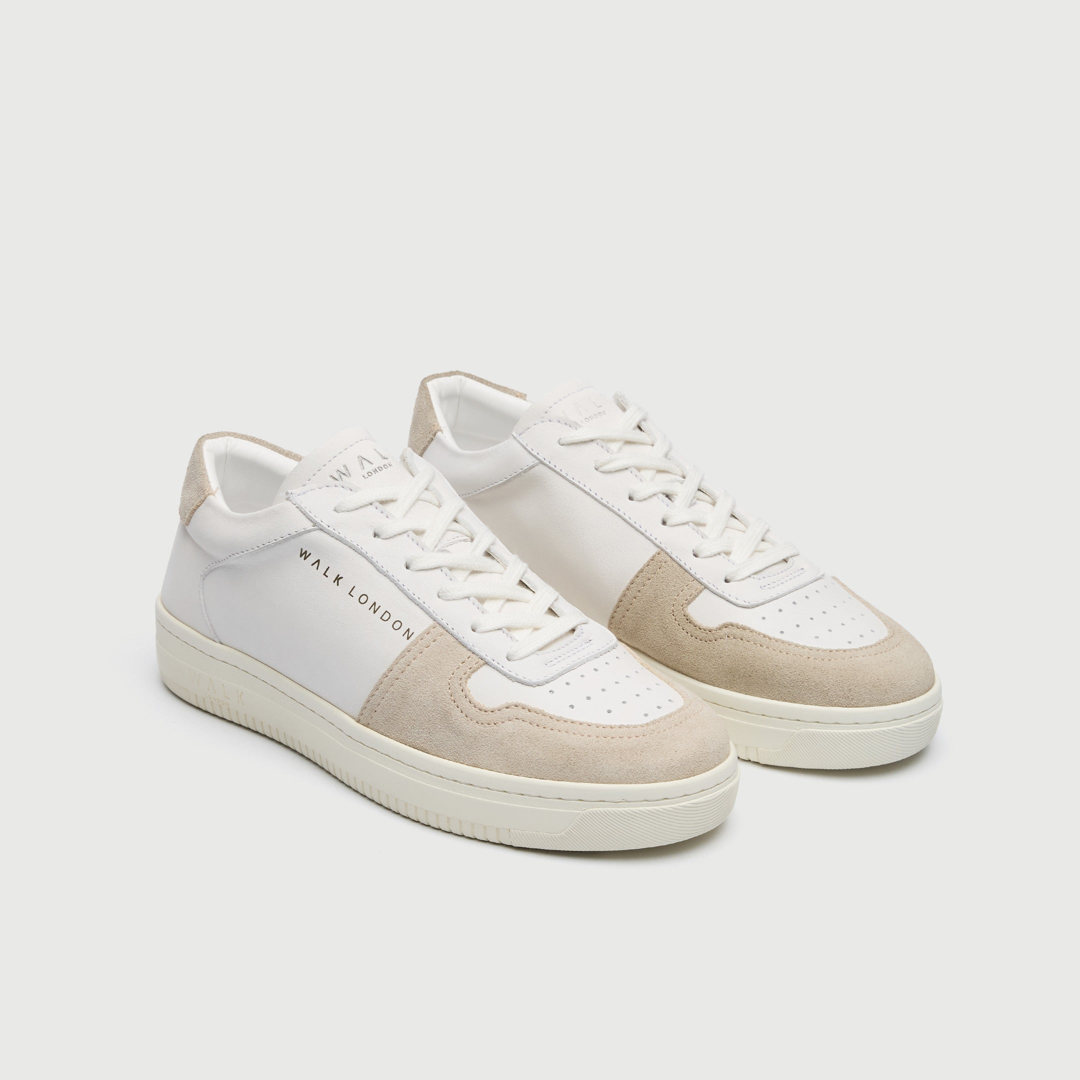 WALK London Mens Neo Sneaker in White Leather and Stone Suede