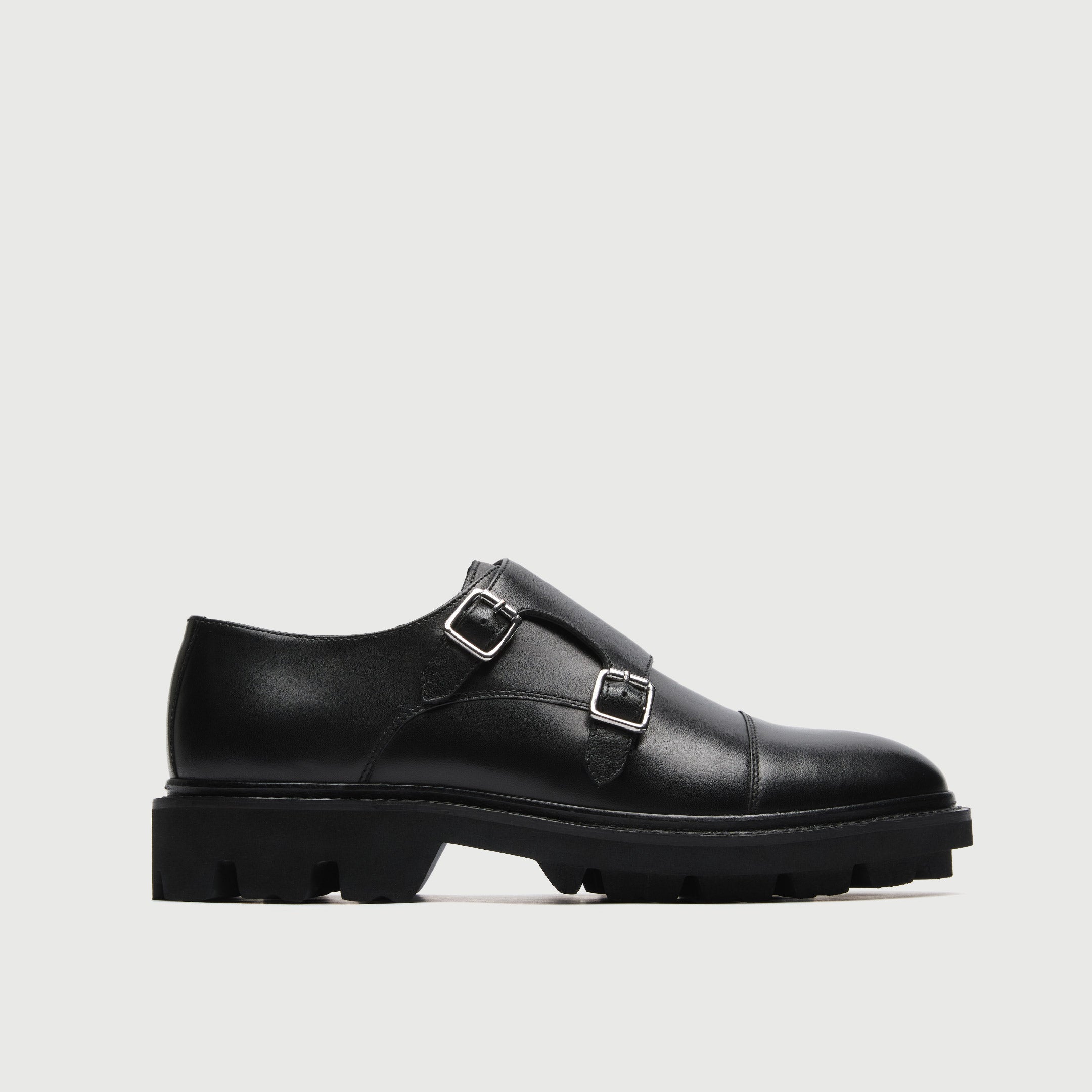 WALK London Mens Felix Monk Strap in Black Leather