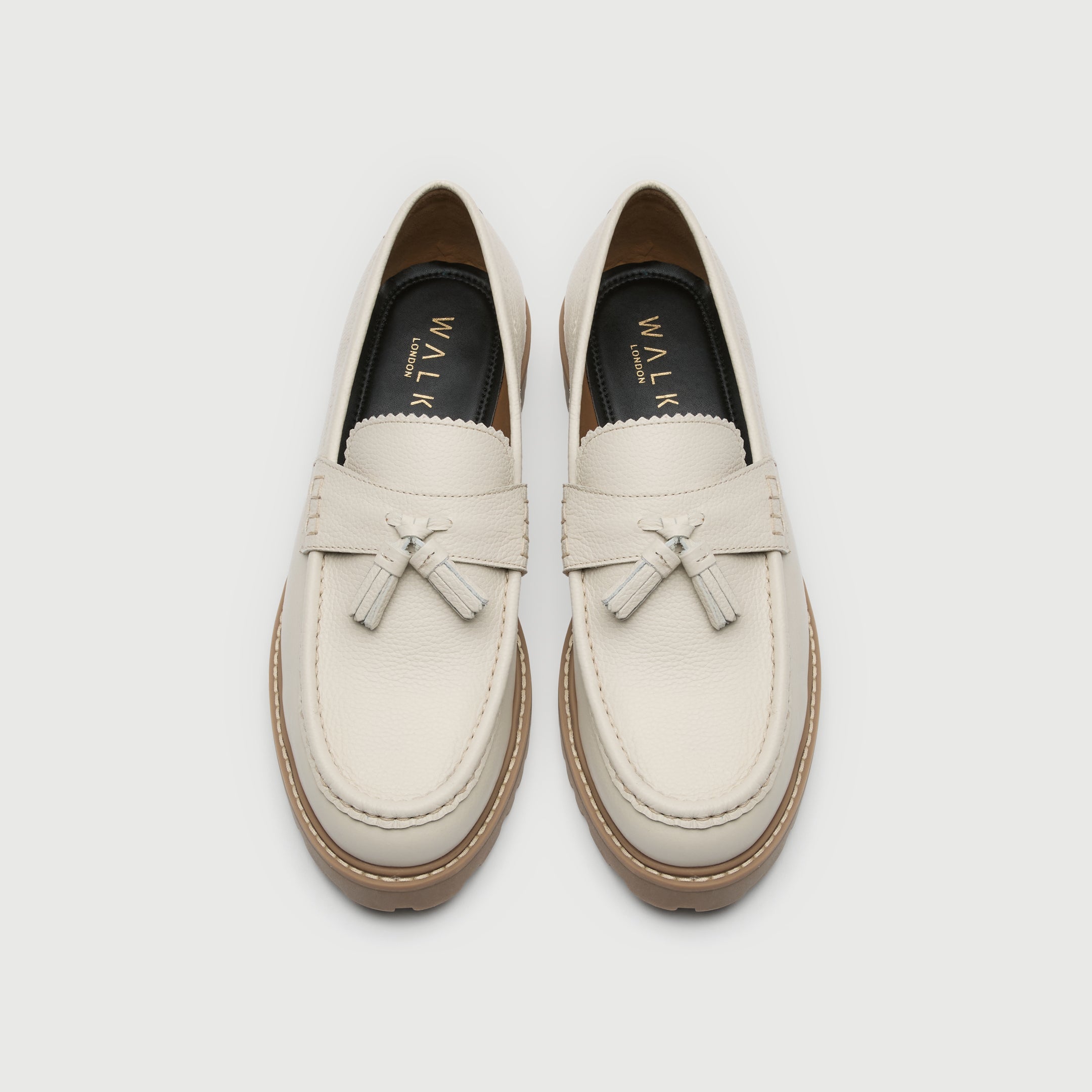 Walk London Mens Sean Tassel Loafer in Off White Grain Leather